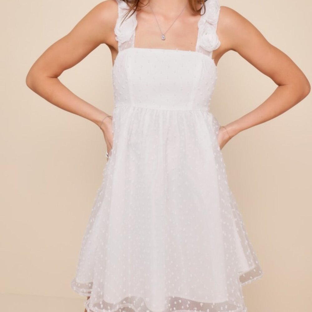 Lulus Darling Existence White Swiss Dot Rosette Sleeveless Mini Dress - Size M